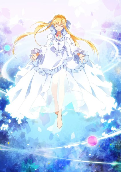 Anime picture 1000x1415 with aldnoah.zero a-1 pictures asseylum vers allusia isf single long hair tall image fringe blonde hair smile eyes closed barefoot spread arms girl dress frills white dress necklace