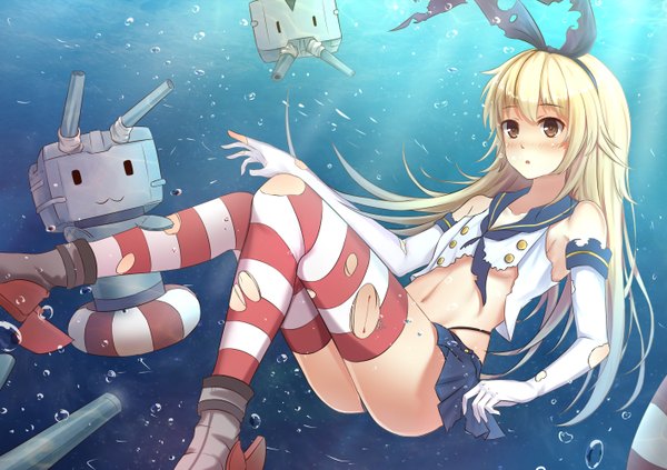 Anime picture 1416x1000 with kantai collection shimakaze destroyer rensouhou-chan reki (lichk) long hair blush open mouth light erotic blonde hair brown eyes torn clothes underwater :3 girl thighhighs skirt gloves bow weapon hair bow