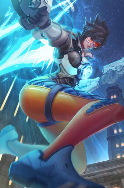 Anime picture 678x1024 with overwatch blizzard entertainment tracer (overwatch) yclok single tall image fringe short hair brown hair holding brown eyes looking away sky bent knee (knees) outdoors lips dual wielding spiked hair girl gloves