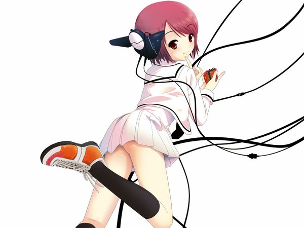 Anime picture 1024x768 with original tagme (artist) single looking at viewer blush short hair light erotic red eyes white background pink hair pleated skirt looking back light smile wallpaper finger to mouth leg lift (legs lift) girl uniform miniskirt socks