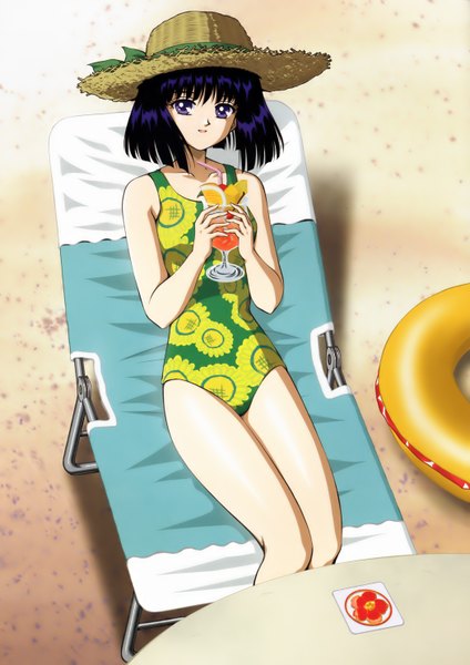 Anime picture 2100x2970 with bishoujo senshi sailor moon toei animation tomoe hotaru single tall image highres short hair black hair purple eyes beach floral print girl swimsuit hat one-piece swimsuit straw hat
