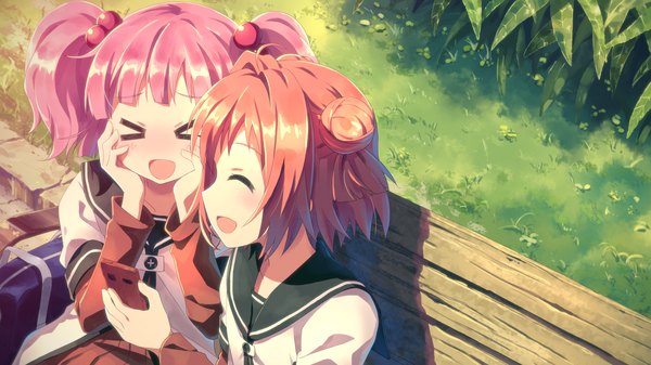 Anime picture 3840x2160 with yuru yuri doga kobo akaza akari yoshikawa chinatsu yuuki tatsuya blush highres short hair open mouth wide image twintails multiple girls pink hair absurdres red hair eyes closed hair bun (hair buns) short twintails girl uniform