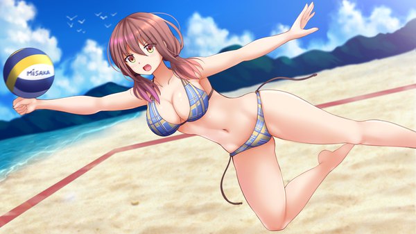 Anime picture 1920x1080 with harukana receive oozora haruka (harukana receive) kazenokaze single long hair blush fringe highres breasts open mouth light erotic hair between eyes brown hair wide image large breasts twintails brown eyes sky cleavage cloud (clouds)