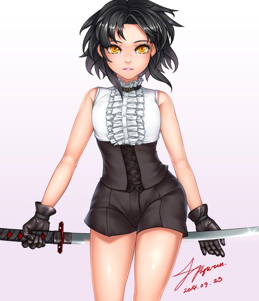 Anime picture 1259x1458 with sword girls sita vilosa ryun (artist) single tall image looking at viewer short hair black hair simple background signed orange eyes legs sleeveless glow girl gloves weapon sword black gloves katana