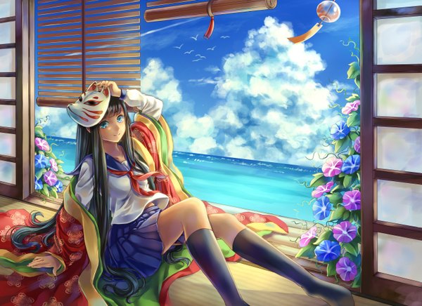 Anime picture 2750x2000 with original daphne zhang single long hair looking at viewer highres blue eyes black hair smile sitting cloud (clouds) summer mask on head girl skirt flower (flowers) socks serafuku black socks mask