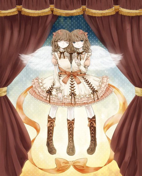 Anime picture 1213x1500 with original kinuyo (kinuxi) long hair tall image highres blue eyes brown hair multiple girls siblings twins sisters siamese twins three legs girl dress bow 2 girls hair bow wings boots
