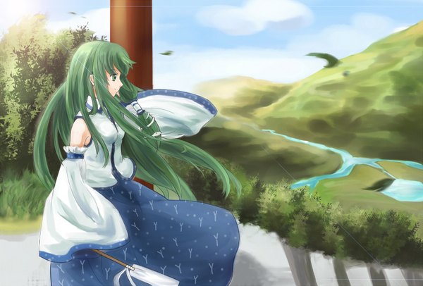Anime picture 1600x1083 with touhou kochiya sanae single long hair smile green eyes sky cloud (clouds) green hair mountain nature lake girl plant (plants) detached sleeves tree (trees) leaf (leaves) hair tubes sun snake