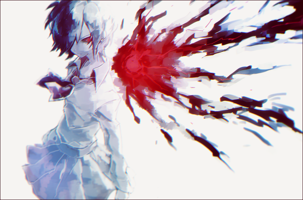 Anime picture 1612x1064 with tokyo ghoul studio pierrot kirishima touka domu (hamadura) single fringe short hair black hair simple background red eyes standing white background pleated skirt from above hair over one eye pale skin open collar girl skirt wings