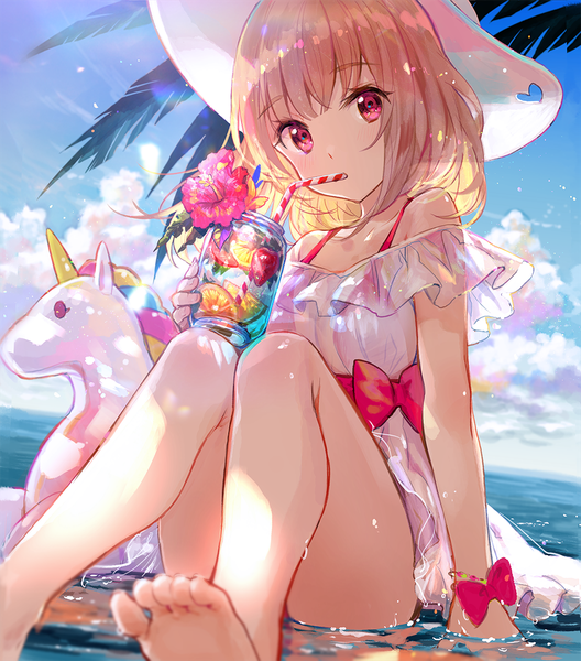 Anime picture 1056x1200 with original fuzichoco single tall image looking at viewer fringe short hair blonde hair sitting bare shoulders sky cloud (clouds) pink eyes wet dutch angle partially submerged horizon drinking girl dress
