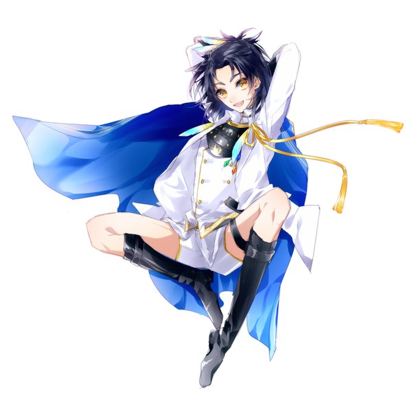 Anime picture 1000x1000 with touken ranbu nitroplus taikogane sadamune niiyo single looking at viewer short hair open mouth light erotic black hair simple background white background yellow eyes full body bent knee (knees) spread legs arms behind head boy uniform shorts