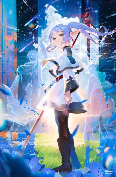 Anime picture 3275x5000 with sousou no frieren frieren himmel (sousou no frieren) eisen (sousou no frieren) heiter sena 8ito single long hair tall image looking at viewer highres blue eyes standing twintails absurdres sky silver hair cloud (clouds) pointy ears elf