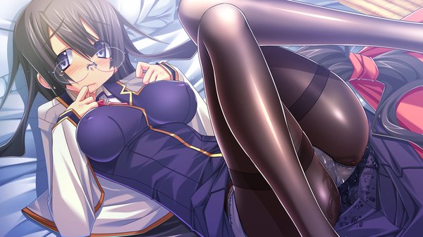 Anime picture 1280x720 with tsugou no yoi sexfriend long hair blue eyes light erotic black hair wide image game cg girl glasses