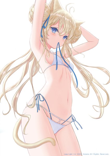 Anime picture 970x1378 with original hou no ka single long hair tall image looking at viewer blush fringe breasts blue eyes light erotic simple background blonde hair hair between eyes standing white background holding signed animal ears ahoge