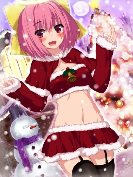 Anime picture 750x1000 with kami nomi zo shiru sekai apollo (kaminomi) wataru (zazazazazazawa) single tall image looking at viewer blush short hair open mouth red eyes pink hair midriff dutch angle facial mark snowing winter girl thighhighs navel bow