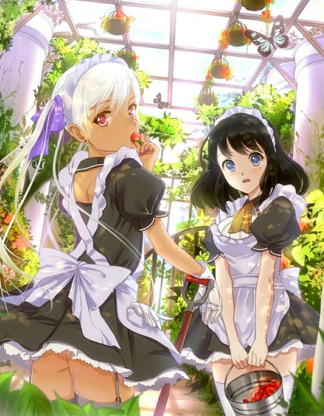 Anime picture 925x1188 with original takeuchi aya long hair tall image looking at viewer short hair open mouth blue eyes black hair twintails multiple girls white hair pink eyes maid girl thighhighs bow 2 girls white thighhighs food