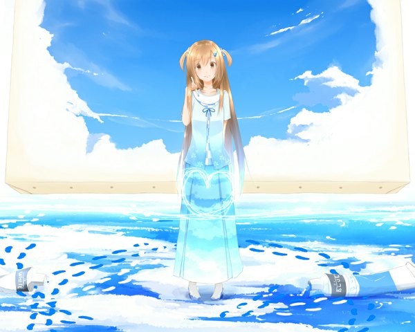 Anime picture 1080x864 with original minamito single long hair looking at viewer blush fringe brown hair standing brown eyes sky cloud (clouds) two side up no shoes sky print girl skirt hair ornament socks heart