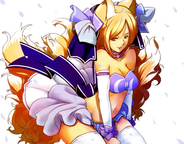 Anime picture 1400x1100 with touhou yakumo ran dearmybrothers single fringe breasts light erotic smile yellow eyes looking away fox ears fox tail alternate hairstyle multiple tails hair up girl thighhighs navel hair ornament white thighhighs