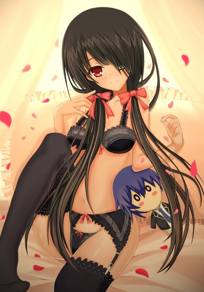 Anime picture 1118x1600 with date a live tokisaki kurumi itsuka shidou otono fei long hair tall image looking at viewer fringe light erotic black hair red eyes hair over one eye underwear only heterochromia girl thighhighs navel underwear panties bow
