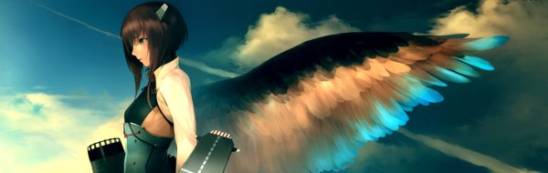 Anime picture 1900x604 with kantai collection taihou armored aircraft carrier kodama (wa-ka-me) single long hair brown hair wide image brown eyes looking away sky cloud (clouds) girl wings armor