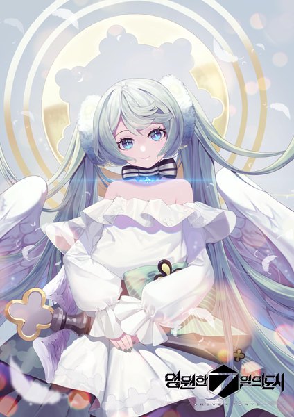 Anime picture 2480x3508 with forever 7th capital vocaloid hatsune miku chicken (dalg-idalg) single long hair tall image highres blue eyes twintails bare shoulders upper body head tilt green hair light smile official art copyright name angel wings girl dress
