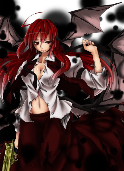 Anime picture 1102x1516 with touhou koakuma izuna nie single long hair tall image breasts red eyes red hair head wings girl navel weapon shirt wings necktie gun