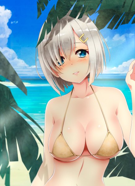 Anime picture 873x1200 with kantai collection hamakaze destroyer kiko (weavehabit) single tall image looking at viewer blush short hair breasts blue eyes light erotic large breasts sky silver hair cloud (clouds) beach girl swimsuit bikini sea