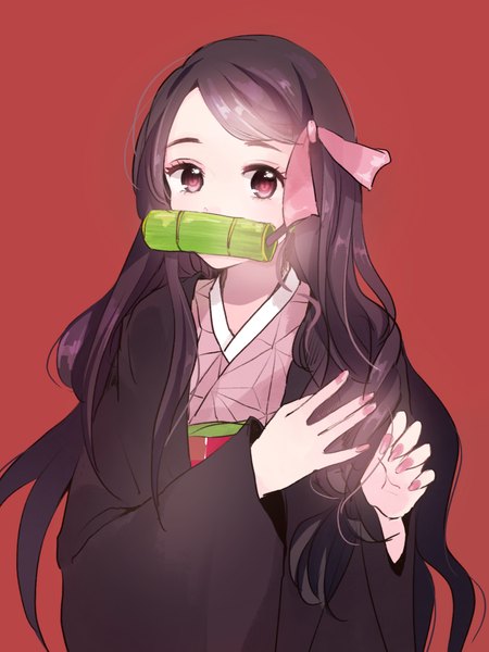 Anime picture 1668x2224 with kimetsu no yaiba ufotable kamado nezuko hiiro (artist) single long hair tall image looking at viewer blush breasts black hair simple background red eyes standing holding long sleeves nail polish traditional clothes japanese clothes fingernails