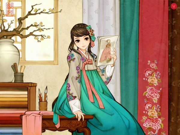 Anime picture 936x702 with original obsidian single long hair looking at viewer brown hair sitting holding brown eyes traditional clothes light smile plum blossoms drawing korean clothes girl hair ornament flower (flowers) window branch paper