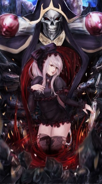 Anime picture 3000x5411 with overlord (maruyama) madhouse shalltear bloodfallen ainz ooal gown moonbo long hair tall image looking at viewer fringe highres open mouth light erotic red eyes payot looking away silver hair ponytail nail polish lips fang (fangs)