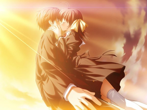 Anime picture 1500x1125 with ef shaft (studio) miyamura miyako hirono hiro blush sky cloud (clouds) couple evening sunset kiss thighhighs uniform school uniform
