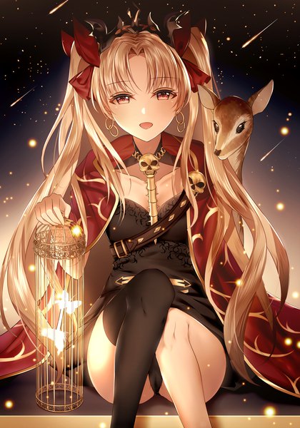 Anime-Bild 2000x2857 mit fate (series) fate/grand order ereshkigal (fate) junpaku karen single long hair tall image looking at viewer fringe highres open mouth light erotic blonde hair red eyes sitting holding outdoors :d night two side up