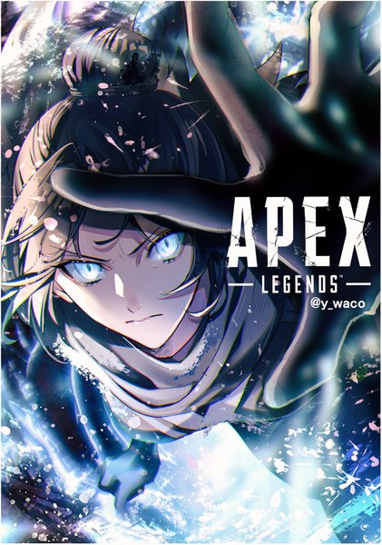 Anime picture 711x1013 with apex legends wraith (apex legends) wako (level5) single tall image looking at viewer short hair blue eyes black hair signed from above hair bun (hair buns) copyright name twitter username girl gloves black gloves