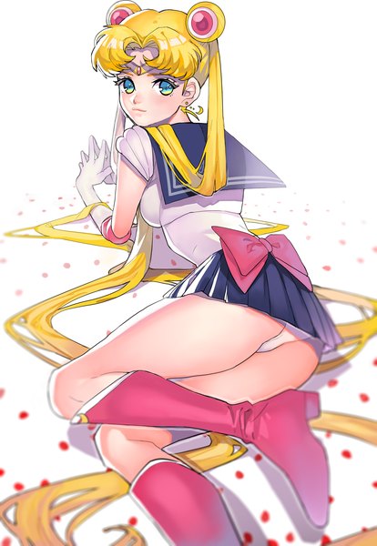 Anime picture 2451x3547 with bishoujo senshi sailor moon toei animation tsukino usagi sailor moon arutera single tall image looking at viewer highres blue eyes light erotic simple background blonde hair white background twintails very long hair looking back pantyshot girl gloves