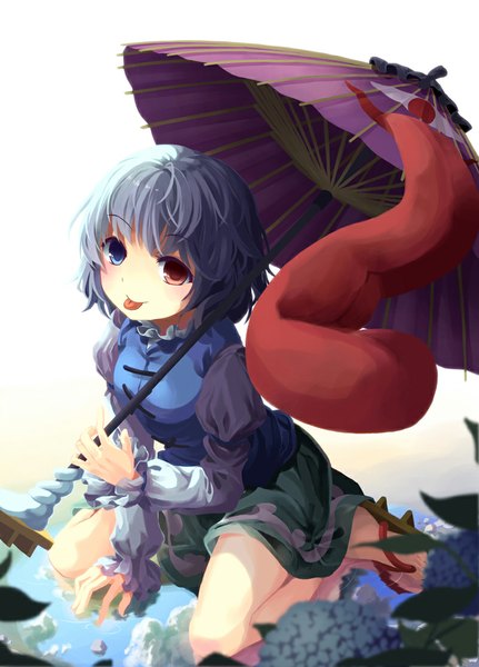 Anime picture 800x1113 with touhou tatara kogasa niichi (komorebi-palette) single tall image blush short hair blue eyes simple background smile red eyes white background blue hair heterochromia kneeling :p girl flower (flowers) water tongue