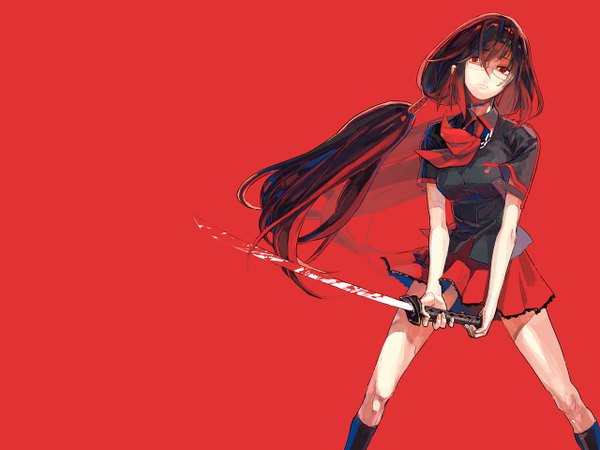 Anime picture 1280x960 with blood c production i.g kisaragi saya ree single long hair black hair red eyes twintails red background girl skirt uniform weapon school uniform shirt sword glasses necktie katana