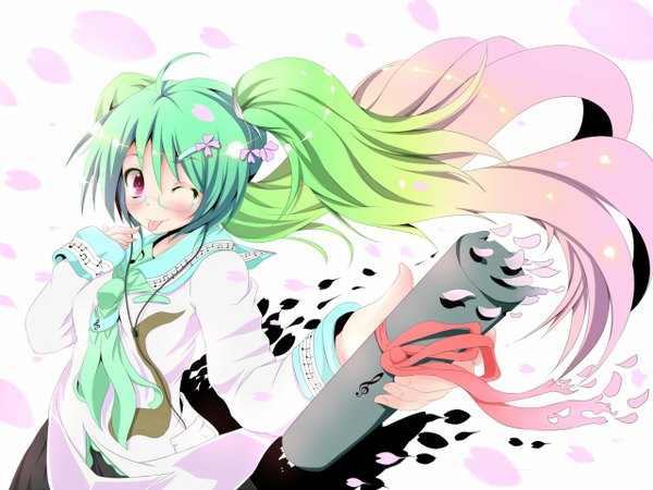 Anime picture 1280x960 with vocaloid hatsune miku sukage single twintails very long hair one eye closed pink eyes green hair wink :p girl petals glasses serafuku headphones