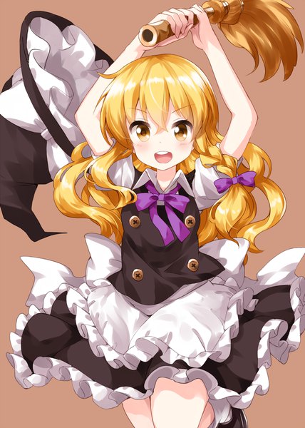 Anime picture 1000x1400 with touhou kirisame marisa ruu (tksymkw) single long hair tall image looking at viewer blush fringe open mouth blonde hair simple background hair between eyes yellow eyes braid (braids) arms up side braid brown background hat removed headwear removed