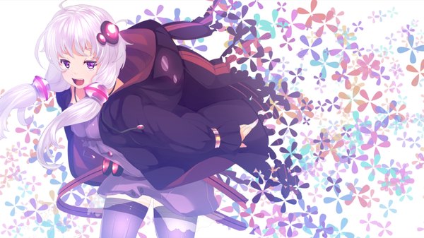 Anime picture 1600x900 with vocaloid yuzuki yukari yuuji (yukimimi) single long hair open mouth wide image purple eyes twintails white hair low twintails girl thighhighs hair ornament jacket suit hair tubes