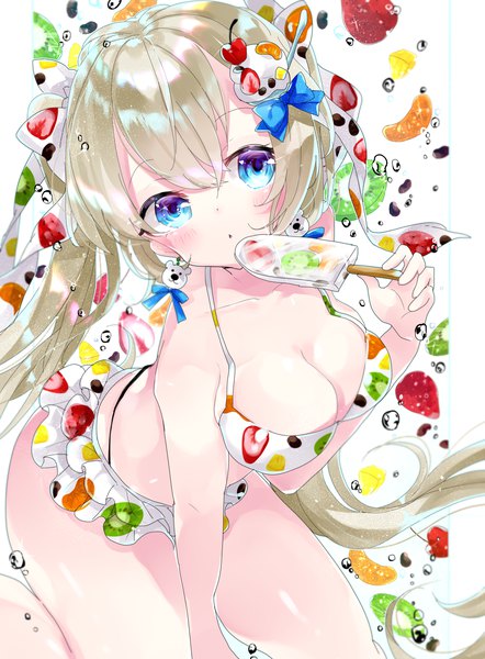 Anime-Bild 1400x1900 mit original remimim single tall image looking at viewer breasts blue eyes light erotic blonde hair large breasts twintails very long hair :o food print girl bow swimsuit hair bow earrings bikini