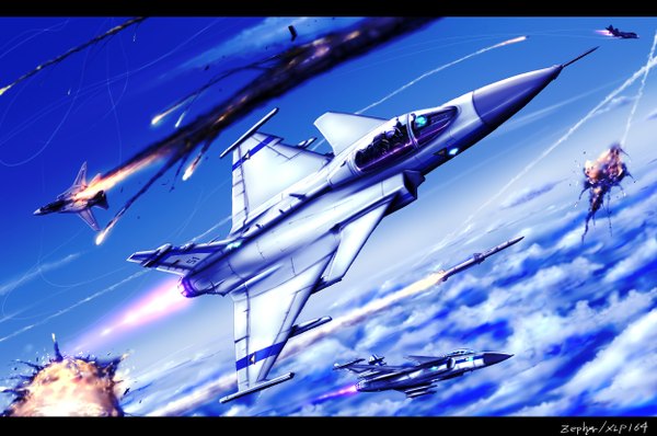 Anime picture 1250x830 with ace combat zephyr164 signed sky cloud (clouds) flying battle explosion war pilot weapon airplane jet f-14