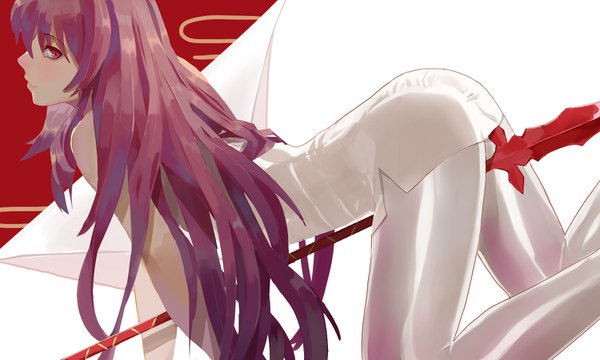 Anime picture 1500x900 with fate (series) fate/grand order scathach (fate) (all) scathach (fate) vic single long hair looking at viewer fringe light erotic simple background hair between eyes wide image purple eyes purple hair profile on all fours between legs girl dress
