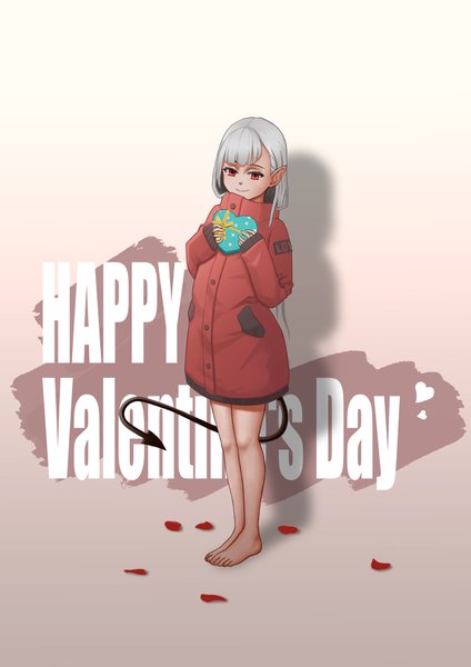 Anime picture 2480x3508 with original lucky 37 single tall image looking at viewer fringe highres short hair red eyes standing tail barefoot light smile pointy ears grey hair bare legs shadow gradient background sleeves past wrists demon tail