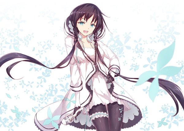 Anime picture 1087x777 with utau xia yu yao asle single looking at viewer fringe open mouth black hair white background holding braid (braids) very long hair :d aqua eyes hand on hip twin braids floral print flat chest headphones around neck girl