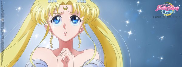 Anime picture 1876x694 with bishoujo senshi sailor moon toei animation princess serenity jackowcastillo (artist) single long hair blue eyes simple background blonde hair wide image twintails bare shoulders tears looking up crying girl star (stars) teardrop moon (symbol)