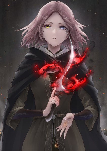 Anime picture 1920x2711 with elden ring melina (elden ring) rockyoerr single tall image highres short hair brown hair standing holding looking away upper body long sleeves heterochromia scar expressionless girl dress cloak flame