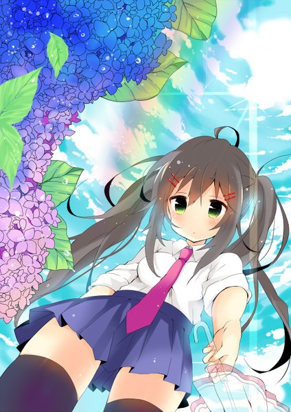 Anime picture 1000x1414 with original udukiasa (artist) single long hair tall image looking at viewer blush black hair twintails green eyes sky cloud (clouds) pleated skirt from below closed umbrella girl thighhighs hair ornament flower (flowers) black thighhighs