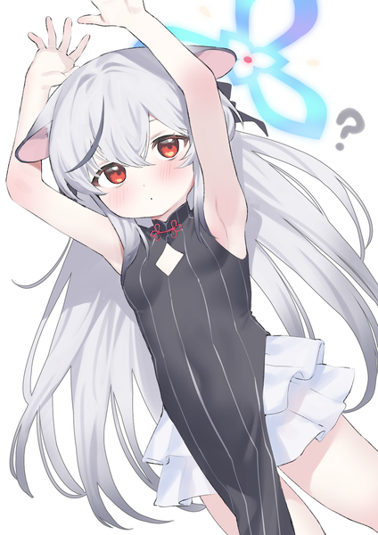 Anime picture 1191x1684 with blue archive kokona (blue archive) hh trismegistus single long hair tall image looking at viewer blush fringe light erotic simple background hair between eyes red eyes standing white background animal ears silver hair ahoge arms up armpit (armpits)