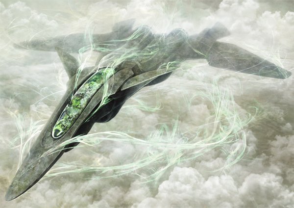Anime-Bild 2893x2047 mit sentou yousei yukikaze ffr-41mr yanmar (artist) highres cloud (clouds) flying no people aircraft airplane jet
