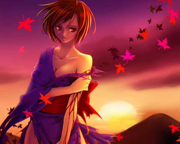 Anime picture 1250x1000 with vocaloid meiko ren lowol single short hair light erotic red eyes bare shoulders cleavage red hair japanese clothes evening sunset girl kimono leaf (leaves) blood sun