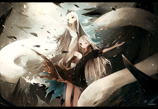 Anime picture 1000x690 with original asahiro long hair looking at viewer open mouth smile multiple girls signed looking away white hair very long hair one eye closed wind wink orange eyes outstretched arm letterboxed fantasy carrying giant animal